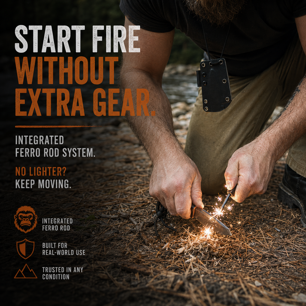 Compact EDC Survival Knife + Fire Starter — D2 Full Tang
