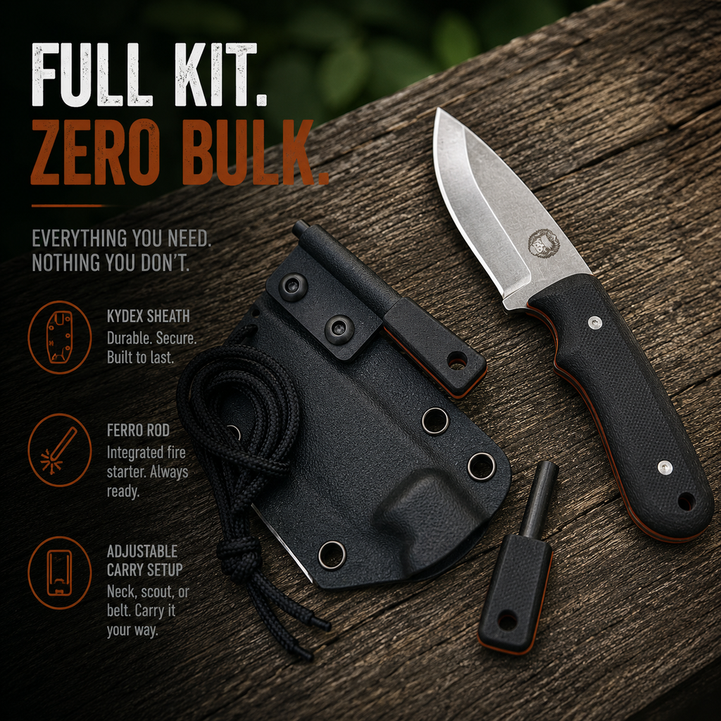 Compact EDC Survival Knife + Fire Starter — D2 Full Tang